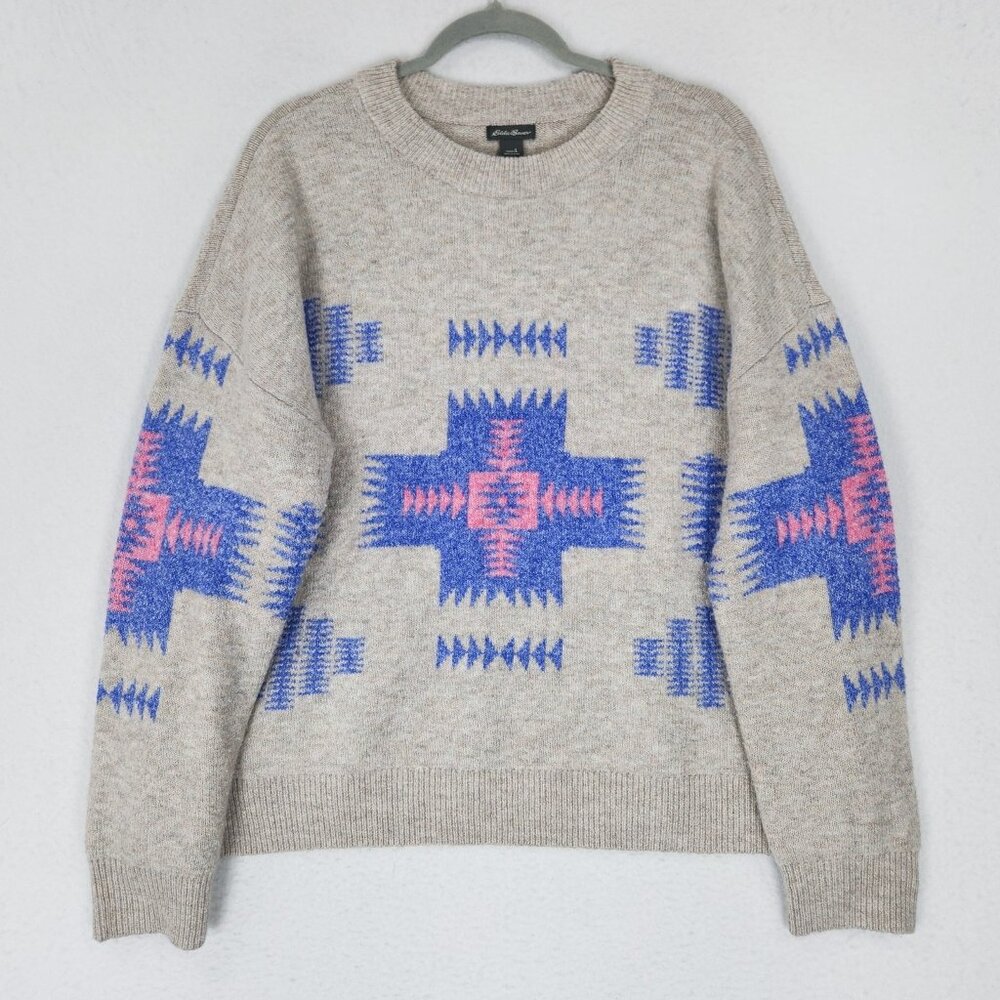 Eddie Bauer Sweater Womens Large Tan Blue Aztec Crew Neck Pullover Classic